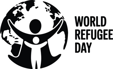World refugee day graphic featuring a globe and two stylized figures in black and white design