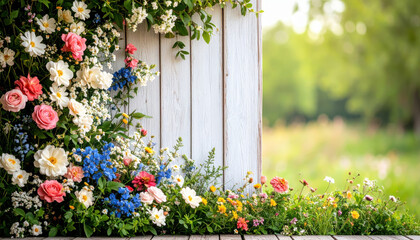 Fototapeta premium Rustic floral border with colorful wildflowers and roses in lower left corner, natural wooden fence background, bright outdoor garden scene, cheerful and vibrant atmosphere
