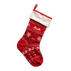 Elegant red Christmas stocking with white accents and festive reindeer design, perfect for holiday decor..