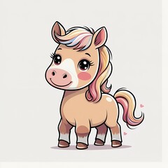 Obraz premium Adorable cartoon unicorn foal with pastel mane standing in meadow full of flowers inspiring joy and magic