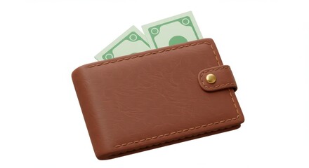 Brown leather wallet with money displayed on a plain white background financial concept