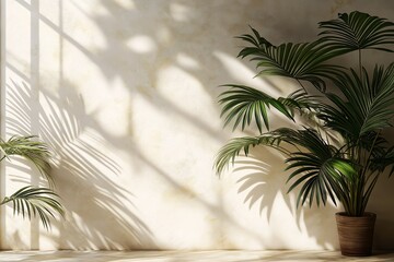 Cozy Indoor Botanical Vibes. Minimalist Home Decor with Natural Light and Palm Leaves
