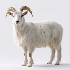 Fluffy White Goat Portrait. Domestic Horned Livestock on Small Farm in Natural Habitat