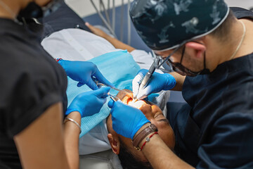 treatment, faceless patient, medical, oral care, medic, dental procedure, dental clinic, healthcare, gloves, medical professionals, latex gloves, nurse, dental assistant, mask, top view, work, equipme