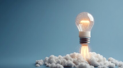 Light bulb rocket launching into the blue sky