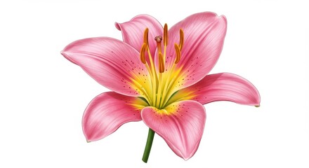 Naklejka premium Pink lily flower illustration on white background, blooming oriental lily with yellow center, botanical floral element for wedding and greeting card design