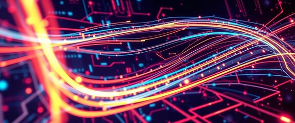 Abstract glowing digital streams flowing through futuristic circuitry,  code,  connection