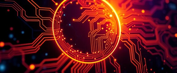 Abstract half-circle circuit board glowing with data streams, depicting digital communication,  communication,  innovation