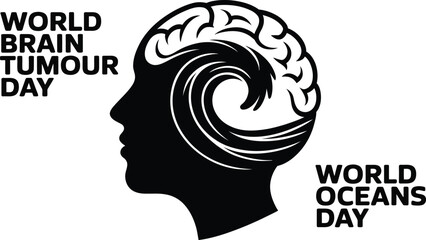 A graphic depicting world brain tumour day and world oceans day with a brain and ocean wave design