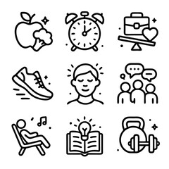 Lifestyle icons for healthy habits like apple, broccoli, alarm clock, running shoe, book. Suitable for wellness, nutrition, fitness content.