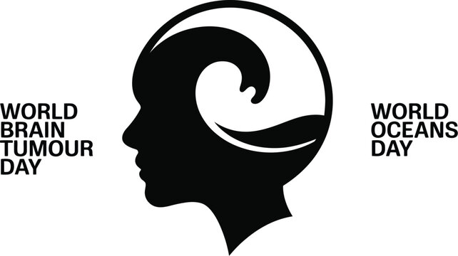 Black silhouette of head with ocean wave inside for world brain tumour day and world oceans day