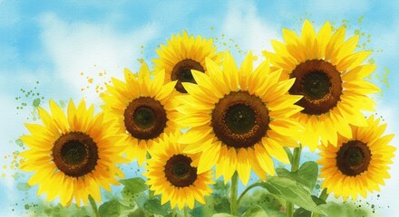 Watercolor painting of sunflowers on a sunny day