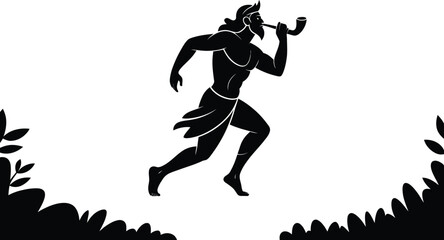 Black silhouette of a running man blowing a horn with foliage on the bottom and white background