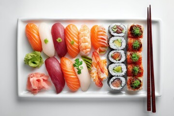 Assorted Japanese Sushi Platter with Chopsticks on White Background – Top View