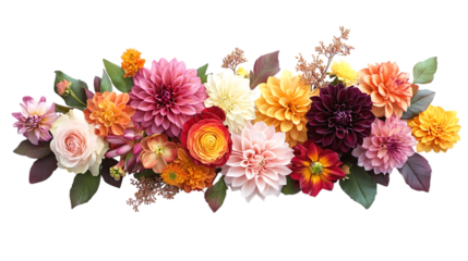 Arrangement of dahlias roses and other flowers on black on transparent background