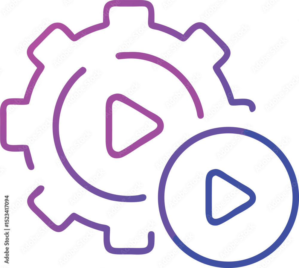 Poster abstract gear and play button icon in neon gradient design with transparency