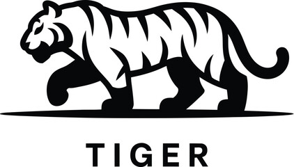 A black and white logo of a tiger walking with stripes and the word tiger below the animal image