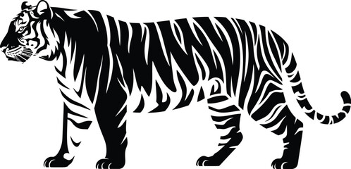 A black and white graphic illustration of a tiger standing on a white background in side profile