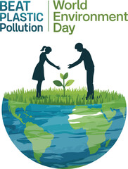 Illustration of world environment day with people planting a tree on top of the earth globe