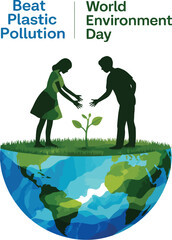 Silhouetted figures planting a seedling on a globe for world environment day and beat plastic pollution
