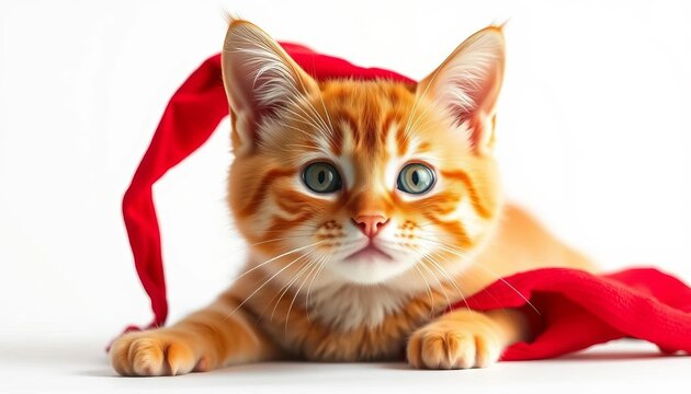 Adorable ginger tabby cat wearing a tiny red hat, isolated on white,  whiskers, cute cat - Powered by Adobe