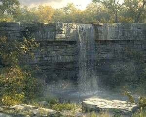 Fototapeta premium Autumn waterfall cascading over stone wall