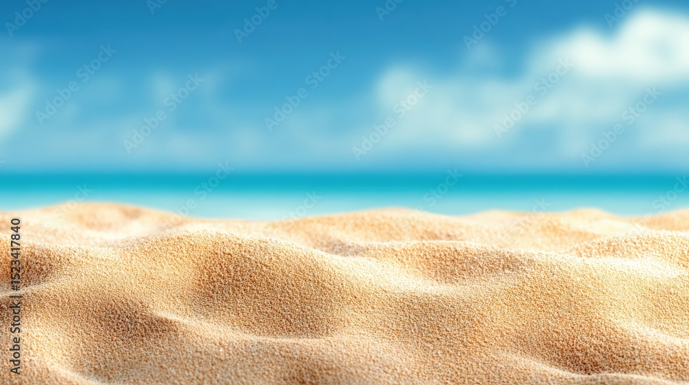 Poster soft golden sand dunes meet a tranquil turquoise ocean under a partially cloudy sky, creating a sere