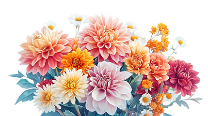 Fototapeta premium Arrangement of dahlias and daisies with vibrant colors on transparent background