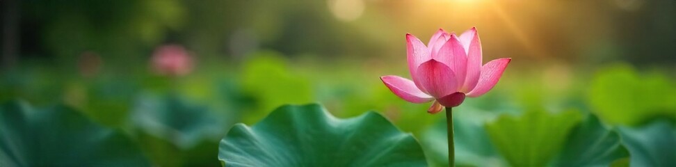 Fototapeta premium A single lotus flower in bloom, sunlight filtering through leaves, peaceful and serene, symbolizing hope and inner peace found through meditation , awakening, meditation, growth mindset