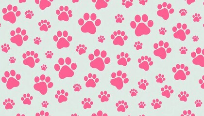 Adorable pink dog and cat paw prints in a repeating seamless pattern, vector, cute