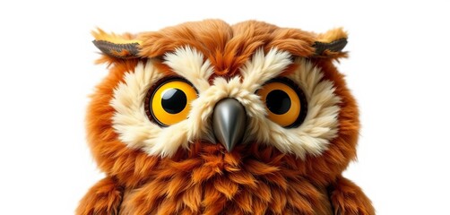 Naklejka premium Adorable plush owl toy, soft brown feathers, big yellow eyes, isolated, object, plush toy