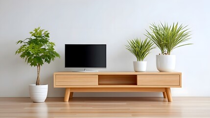 Minimalist living room with wooden TV stand and potted plants