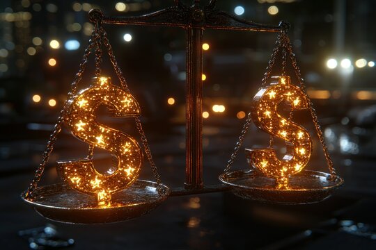 Balance scales with glowing dollar signs