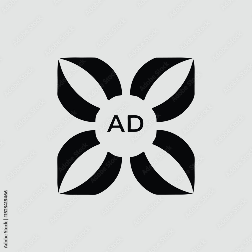 Poster abstract logo design featuring initial letters ad and a modern geometric flower shape