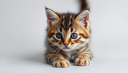 Obraz premium Adorable tabby kitten, soft fur, light grey backdrop, adorable kitten, young
