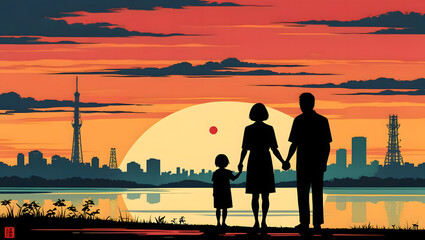 Fototapeta premium Hiroshima Day Commemoration_ A stylized silhouette illustration commemorating Hiroshima Day, showcasing a symbolic representation of the aftermath and resilience, with a vibrant sky