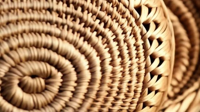 Close up of a woven basket with a spiral pattern in light brown and tan natural fiber material background texture video