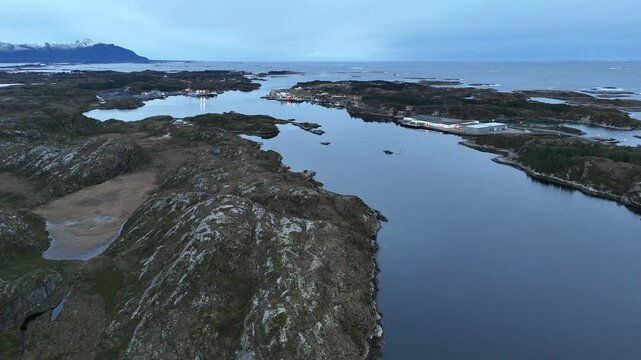 Evening aerial shot of Averoeya coastal moorland, showcasing rugged terrain and distant waters