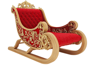 Ornate red and gold christmas sleigh on a black background on transparent background