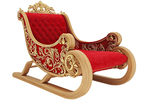 Ornate red and gold christmas sleigh on a black background on transparent background