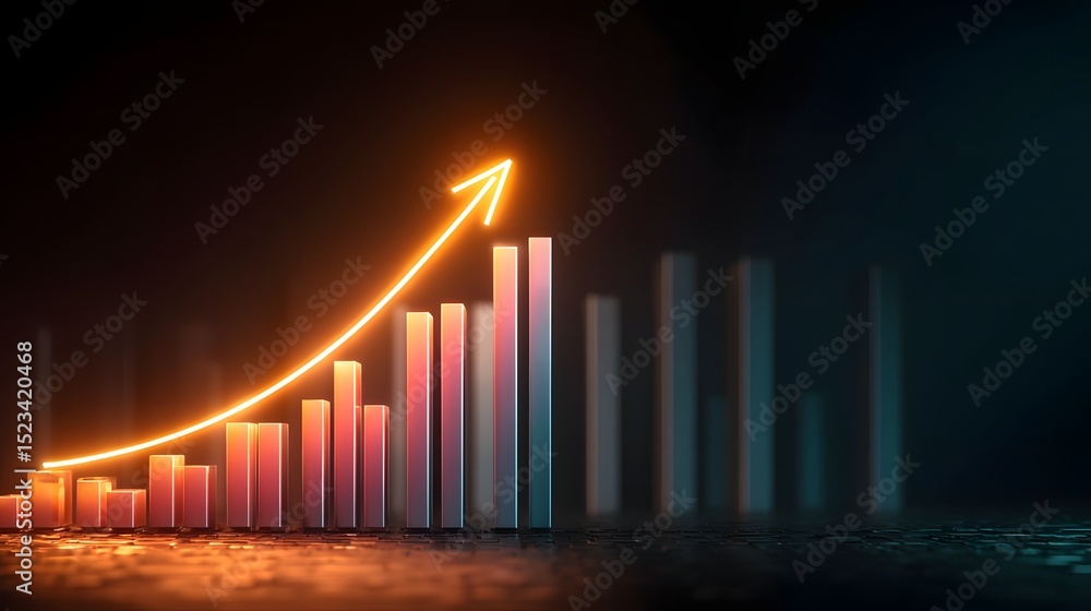Poster neon arrow points upward on a glowing bar graph chart