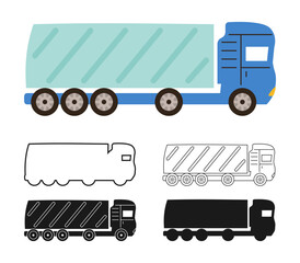 Truck or lorry Car icon symbol cartoon set. Hand drawn truck automobile in different styles colored silhouette, outline stylized collection. Simple big auto transport modern icon vector illustration