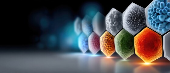 A row of hexagons displays colorful microscopic views of cells and molecules on a dark background.