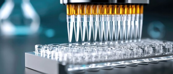 Automated pipettes dispensing liquid into a multiwell plate in a modern laboratory setting.