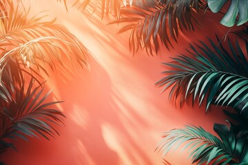 Obraz premium Vibrant Tropical Palm Leaves Background with Sunlight and Shadows - Exotic Nature Wallpaper for Interior Spaces