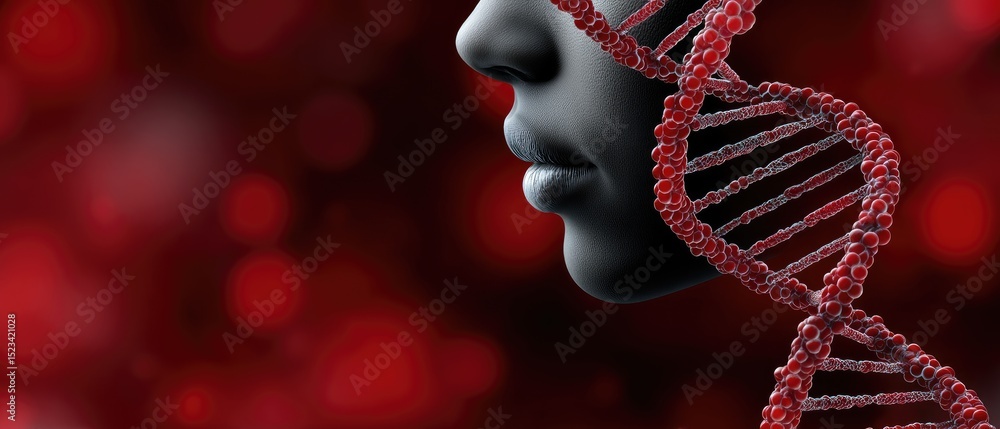 Poster a close-up of a human face in profile with a digital dna double helix overlay on a red blurred backg
