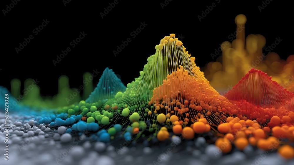 Poster a vibrant 3d visualization of colorful data peaks and spheres, representing statistical or scientifi
