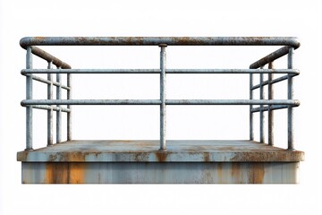 Rusty Metal Railing on Industrial Platform. Architectural Safety Feature with Weathered Urban Texture