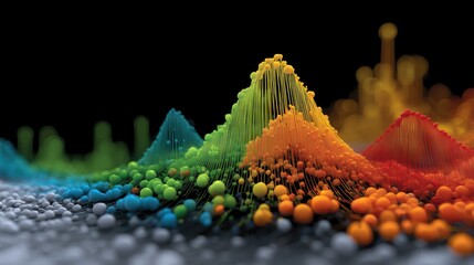 A vibrant 3D visualization of colorful data peaks and spheres, representing statistical or scientific data analysis on a dark background.