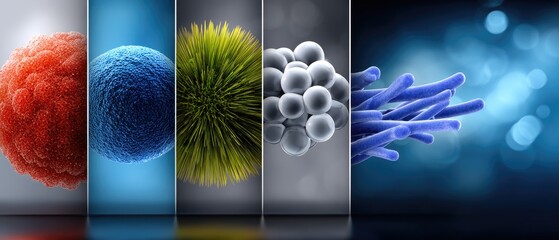Colorful, close-up illustrations of various microscopic organisms and cells, showcasing scientific and biological diversity on a blue background.